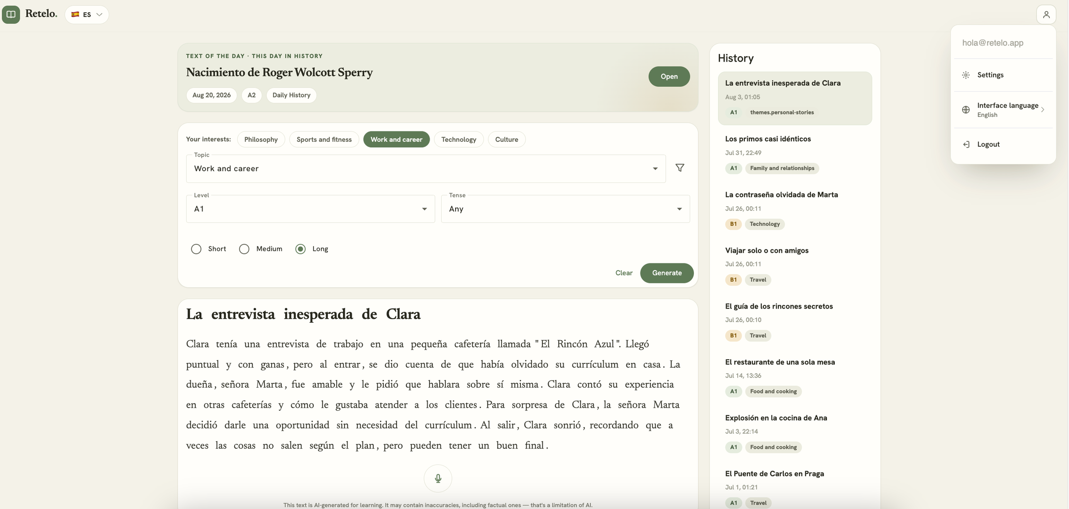 Retelo dashboard with the text of the day and the text generator