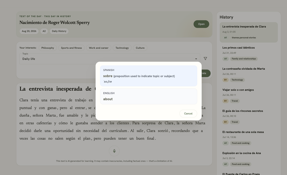 Reading view with a word translation card open